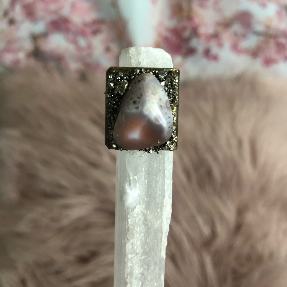 Botswana Agate & Pyrite Crystal Ring